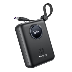 Yesido YP64 10.000 mAh Dijital Göstergeli Dahili Type-C ve Lightning Kablolu PD Mini Powerbank - Siyah