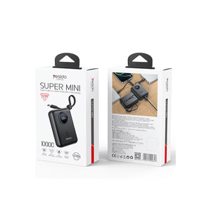 Yesido YP64 10.000 mAh Dijital Göstergeli Dahili Type-C ve Lightning Kablolu PD Mini Powerbank - Siyah
